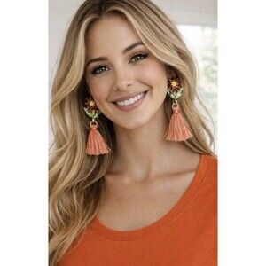 Elizabeth Cole Tianna Swarovski Crystals Floral Orange Tassel Boho Earrings New